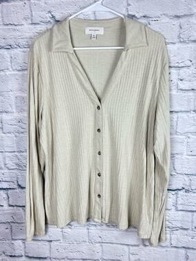 Banana Republic Ribbed Collared Button Front Top Oatmeal Heather XL Stretch
